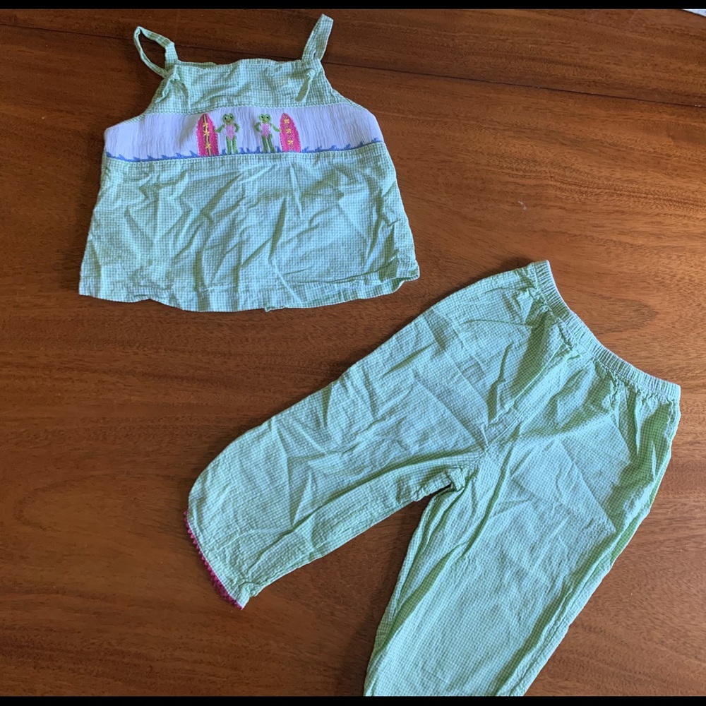 Silly Goose Smocked Green and White Seersucker Matching Set